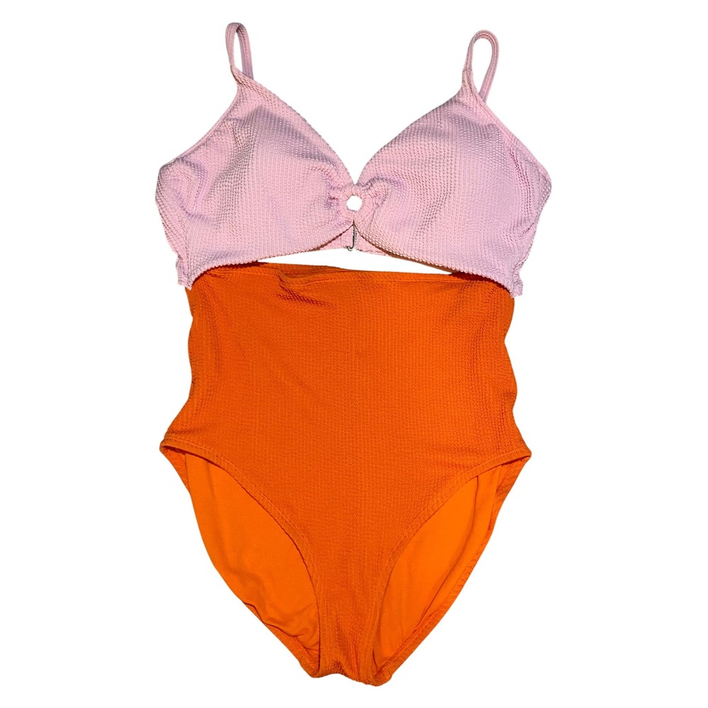 Time and Tru Womens XL 16-18 Pink Orange Smocked Cutout One Piece Swimsuit